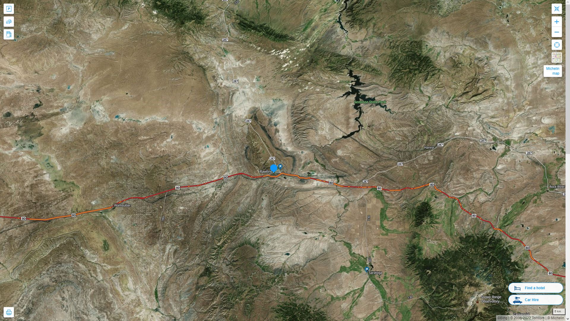 Rawlins Wyoming Highway and Road Map with Satellite View